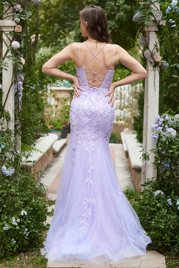 Purple Spaghetti Straps Mermaid Long Ball Dress With Appliques